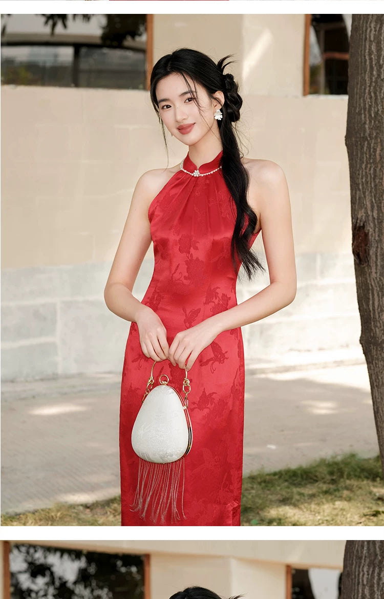 Detailed product image of the Dusk Red mulberry silk halter qipao dress, showing fabric texture, finish and craftsmanship.