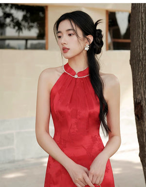 Occasion styling image of the Dusk Red mulberry silk halter qipao dress, presented as an elegant silk qipao dress.
