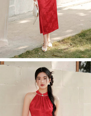 Dusk Red mulberry silk halter qipao dress shown as a polished silk qipao dress, highlighting mulberry silk, halter neckline and refined red cheongsam silhouette.