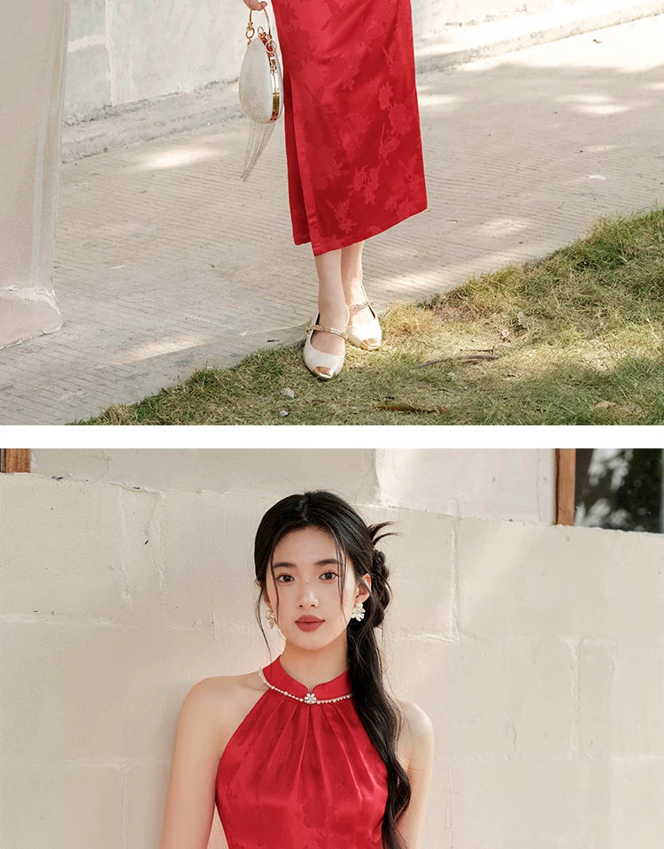 Dusk Red mulberry silk halter qipao dress shown as a polished silk qipao dress, highlighting mulberry silk, halter neckline and refined red cheongsam silhouette.