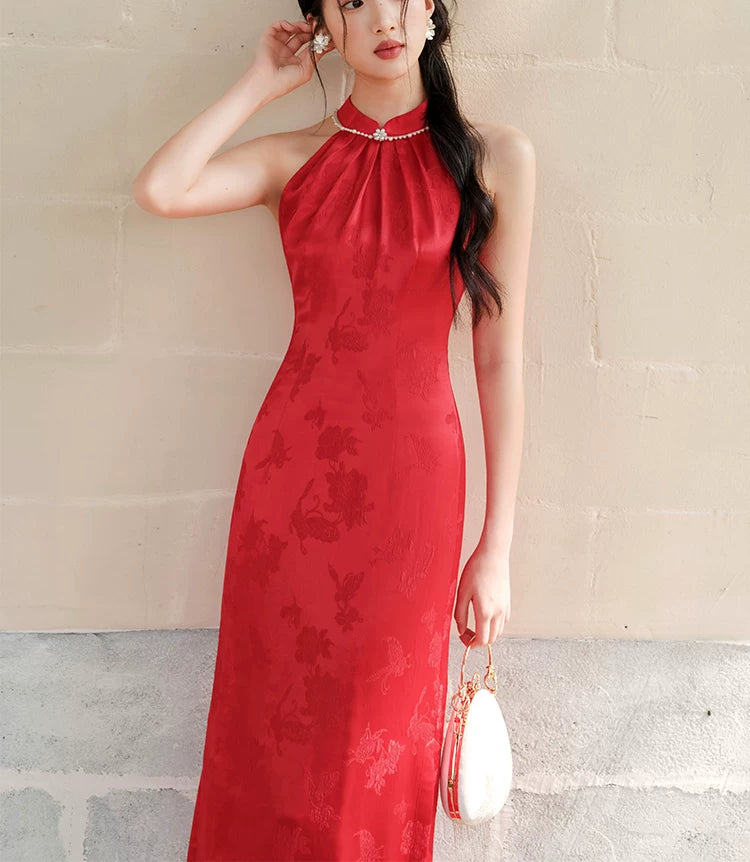 Three-quarter product view of the Dusk Red mulberry silk halter qipao dress, a refined silk qipao dress for elegant occasions.