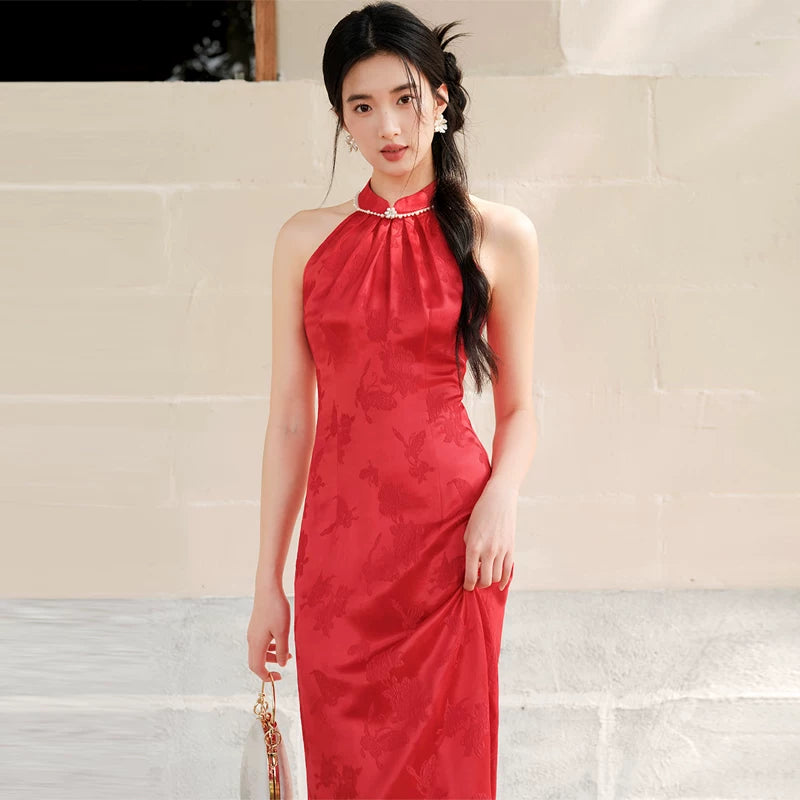 Dusk Red mulberry silk halter qipao dress styled to show its fit and drape, including mulberry silk, halter neckline and refined red cheongsam silhouette.