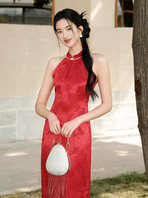 Three-quarter product view of the Dusk Red mulberry silk halter qipao dress, a refined silk qipao dress for elegant occasions.