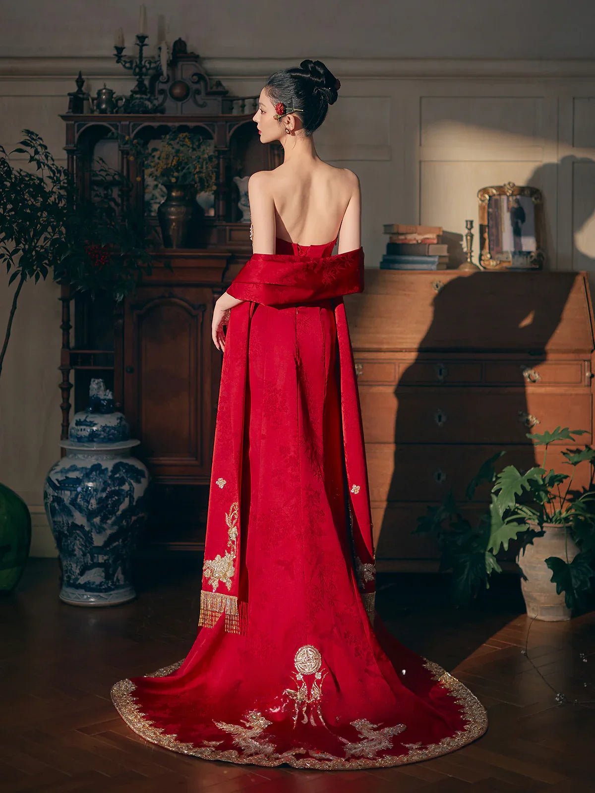 phoenix red dress Burgundy Sequins Phoenix A-Line Maxi Wedding Dress