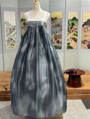 Moonlit Mist Hanbok – Soft Floral Embroidered Jeogori & Cloud-Dye Chiffon Skirt Set - Yandan_Hanfu