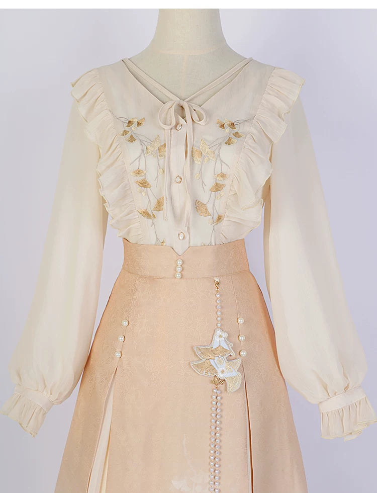Floral Hanfu blouse with a ruffled collar and tie neckline, shown with the apricot skirt waistband