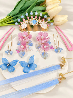 Blue-and-pink hair accessory set displayed together