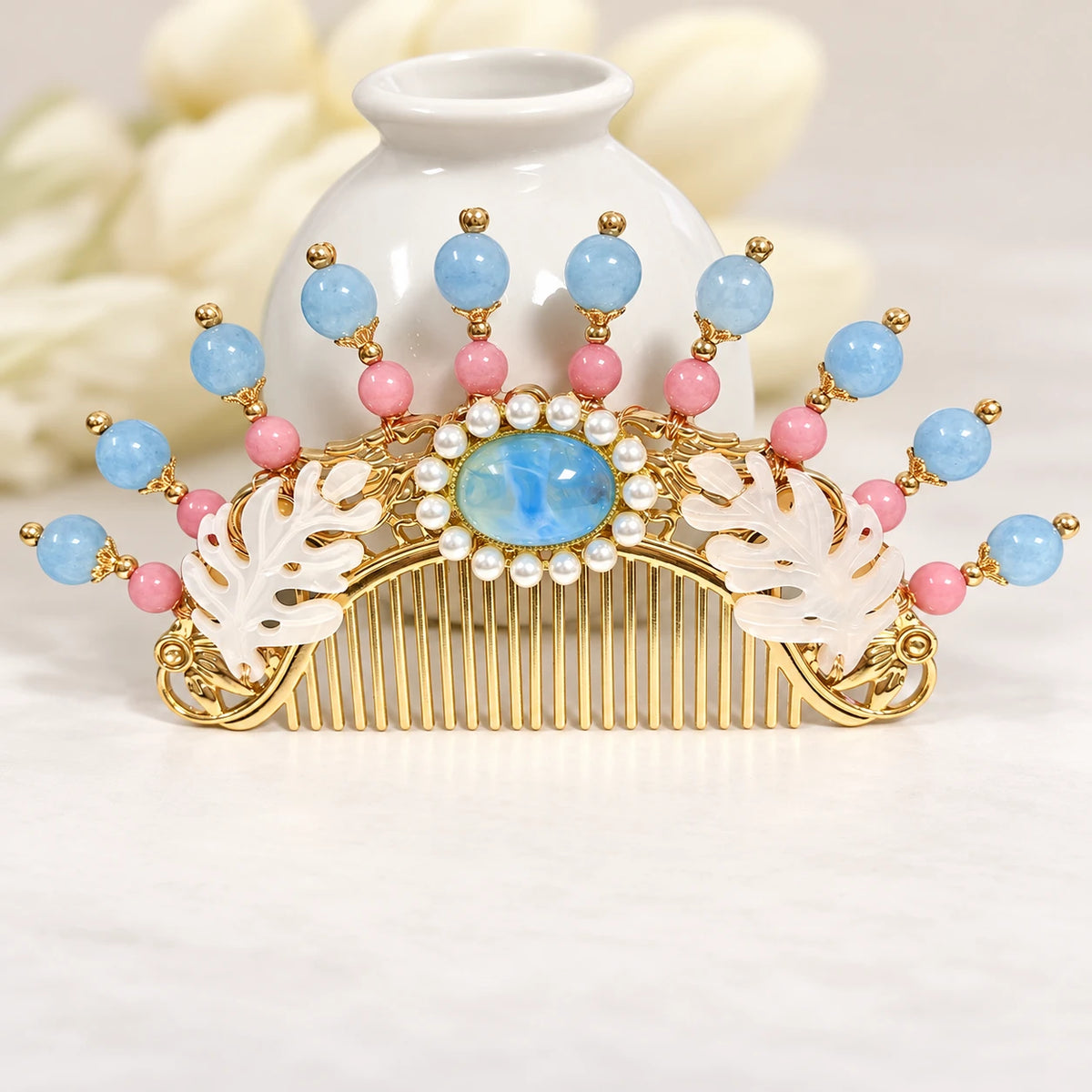 Blue-and-pink decorative hair comb