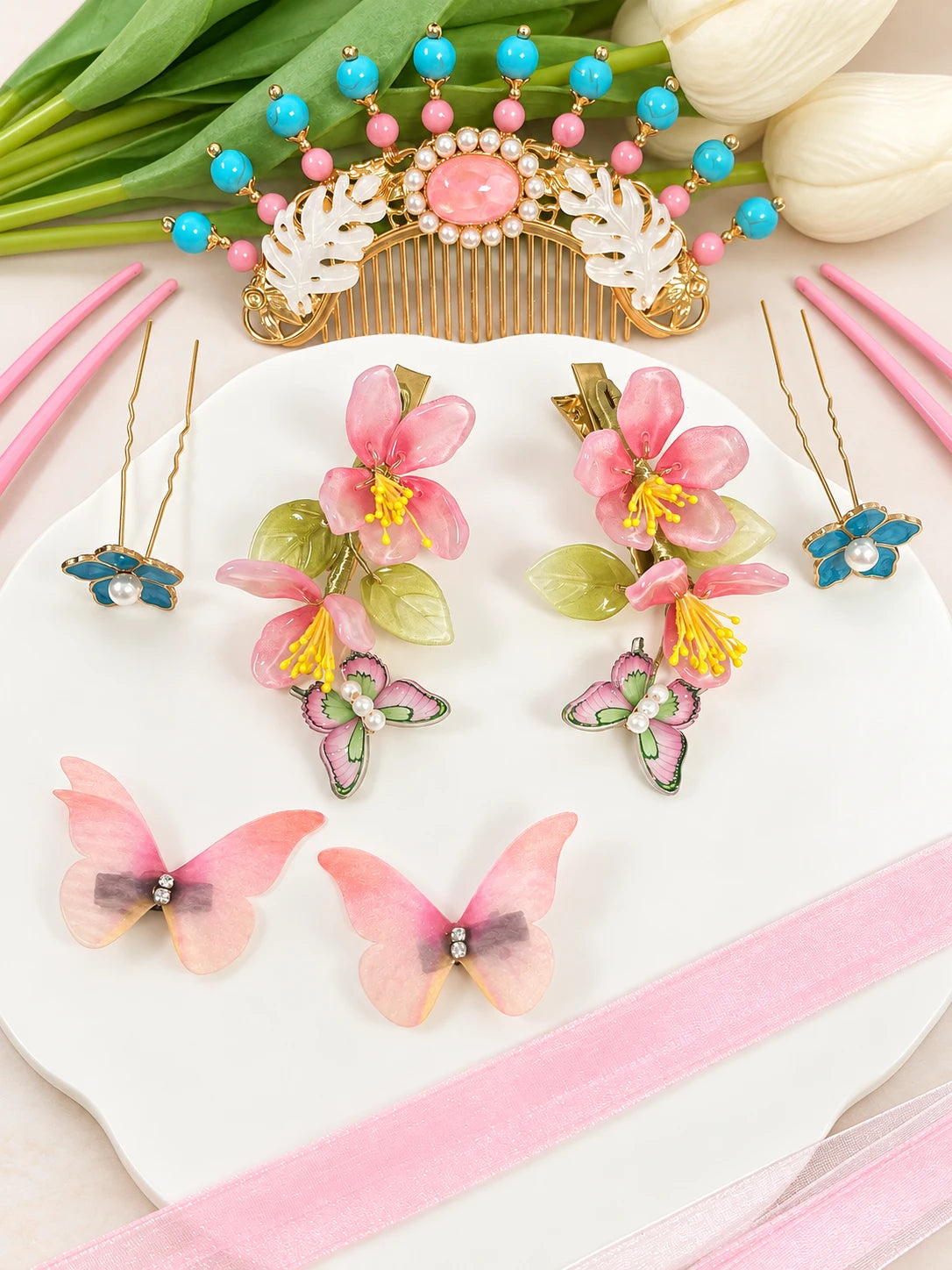 Pink-and-green comb, clips and ribbons