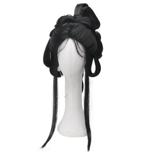 TF-001 black pre-styled wig with sculpted loops and face-framing strands