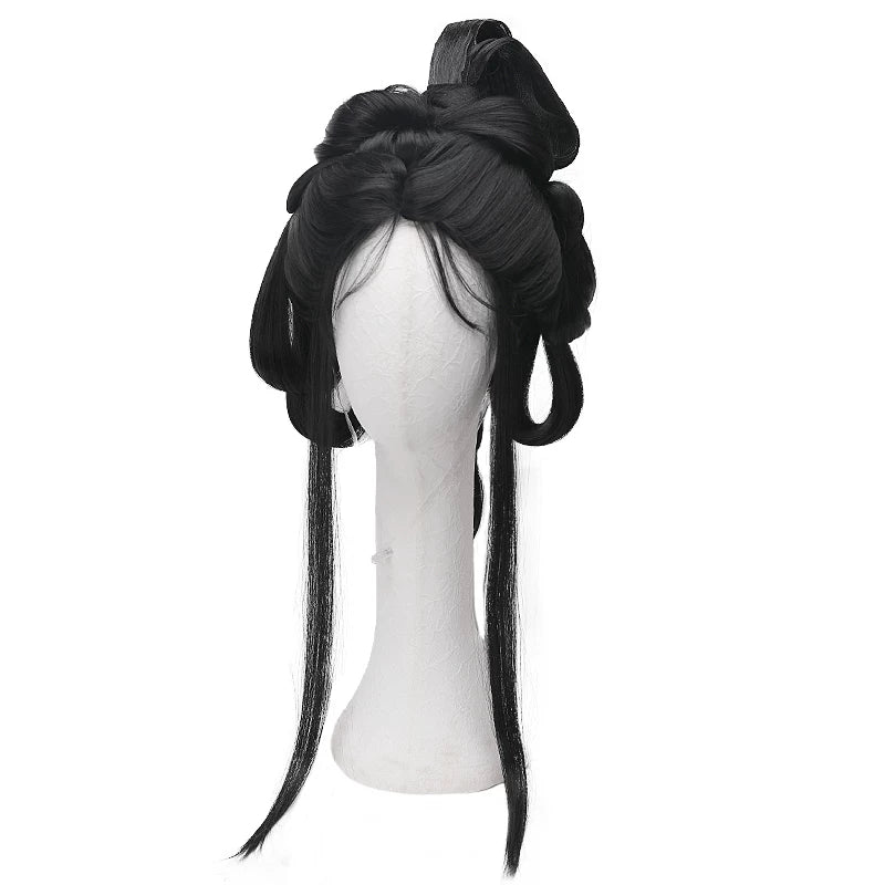 TF-001 black pre-styled wig with sculpted loops and face-framing strands