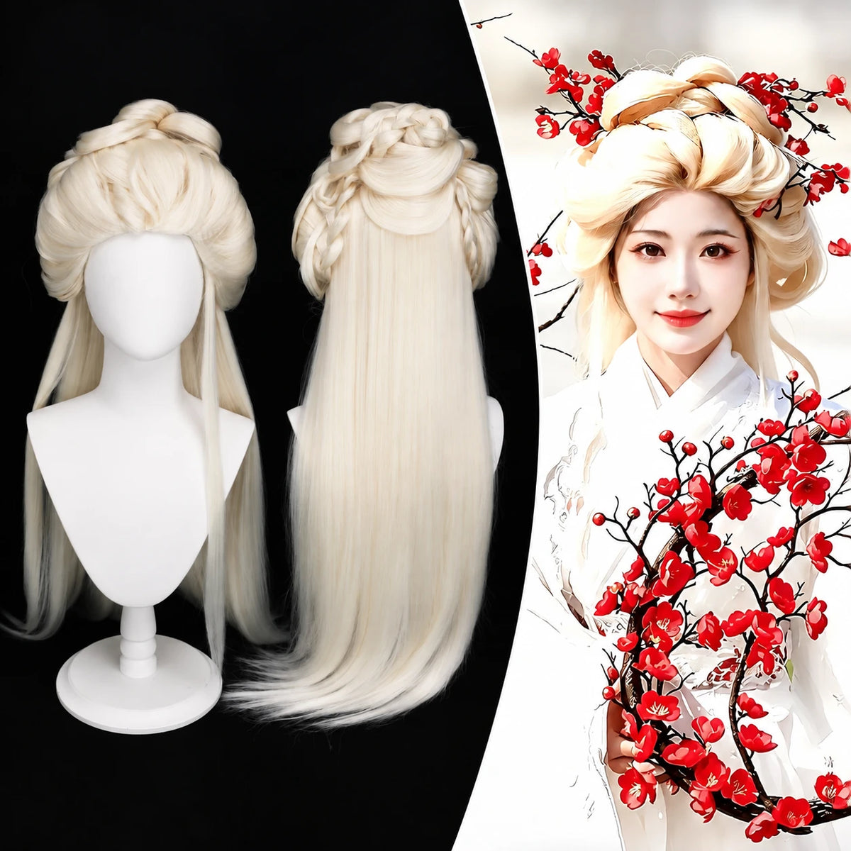 TF-002 cream long hair wig with mannequin views and styling example