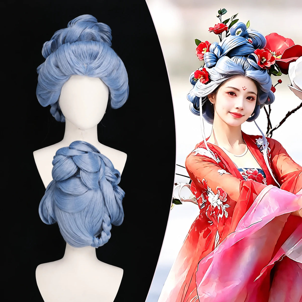 TF-003 dusty blue updo wig with mannequin views and styling example