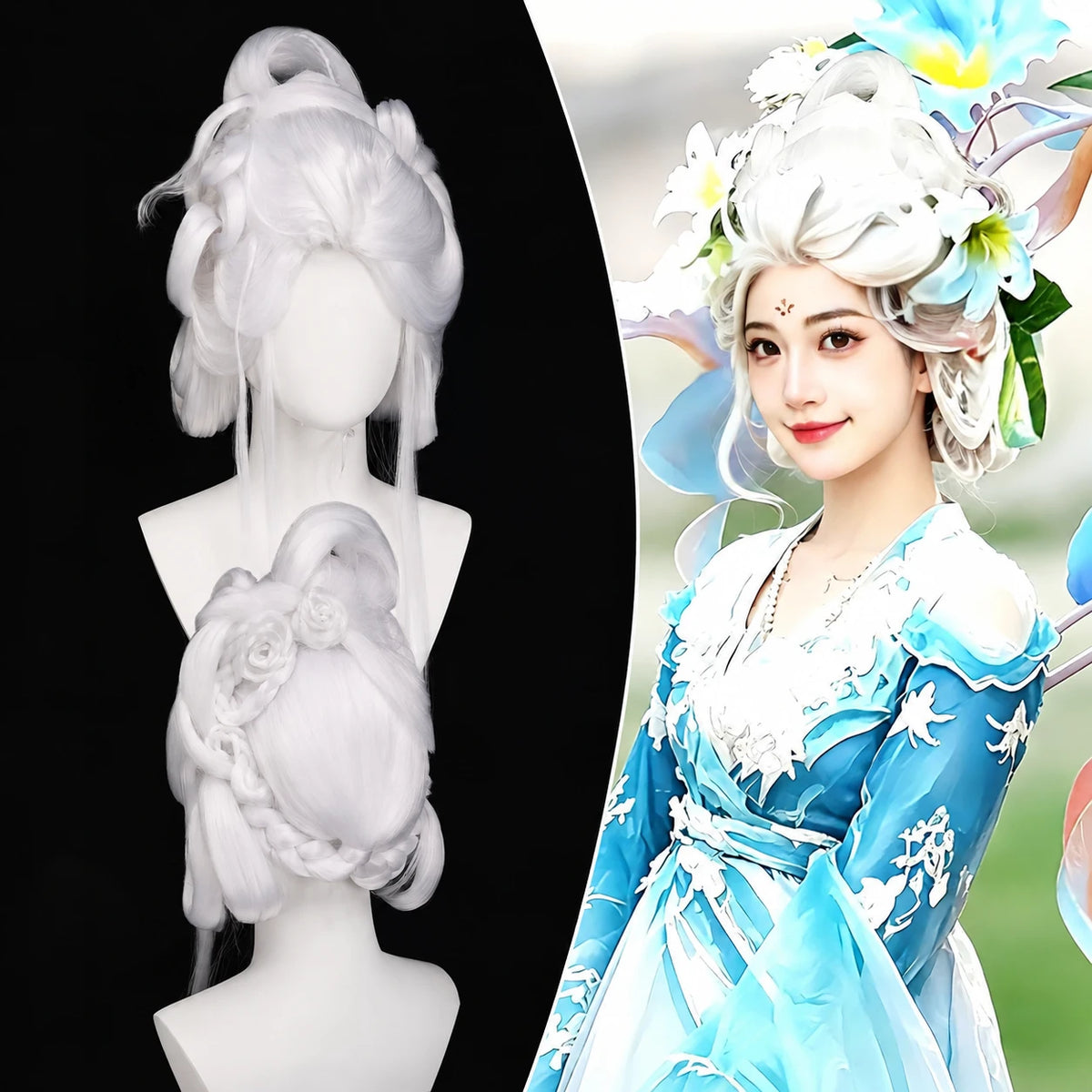 TF-005 silver-white updo wig with mannequin views and styling example