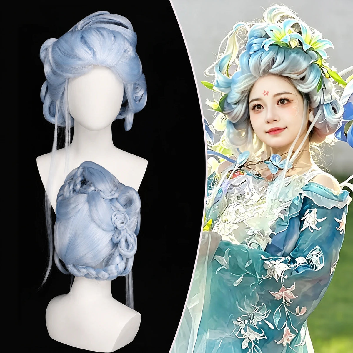 TF-006 ice-blue updo wig with mannequin views and styling example