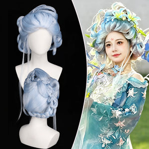 TF-006 ice-blue updo wig with mannequin views and styling example