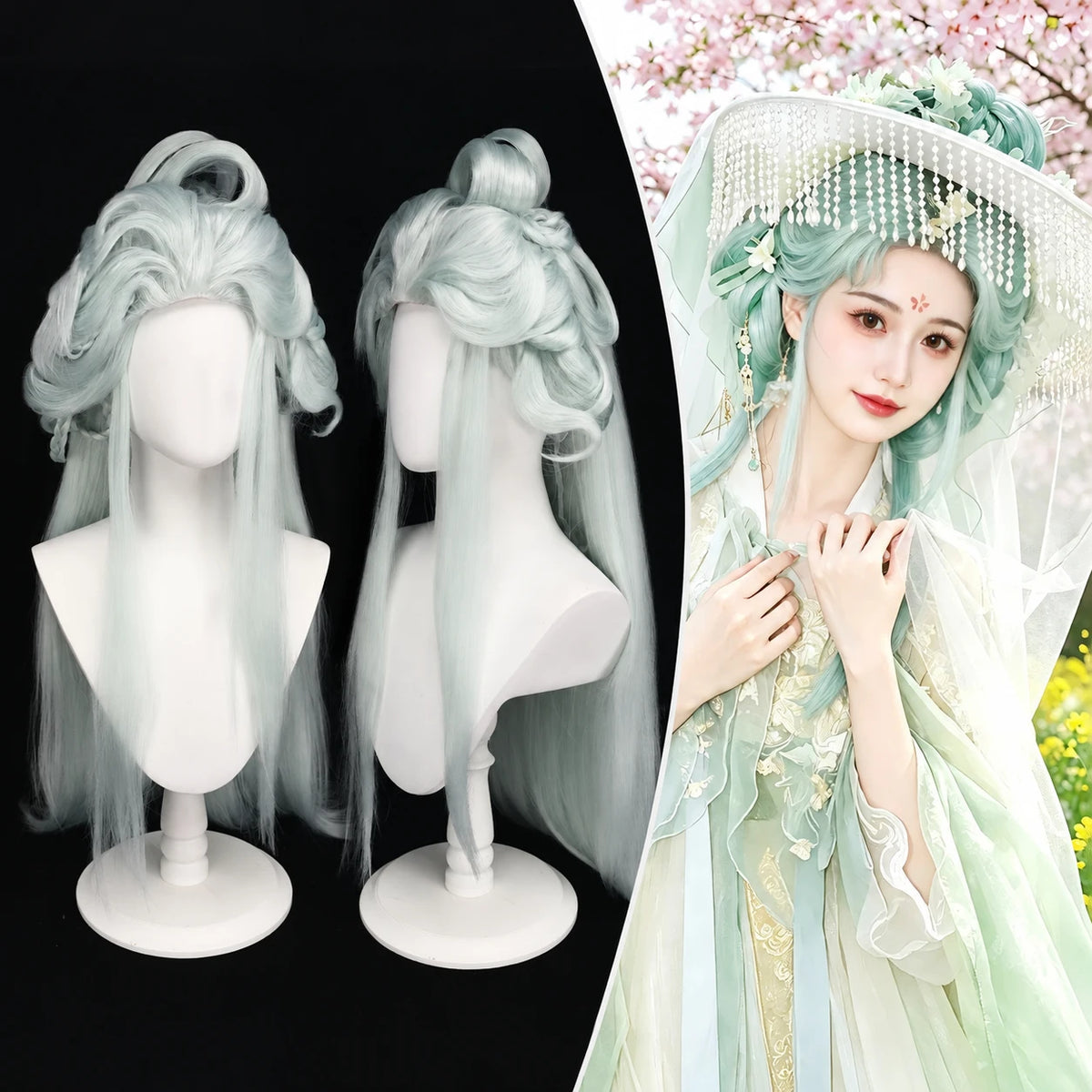 TF-008 mint long hair wig with mannequin views and styling example