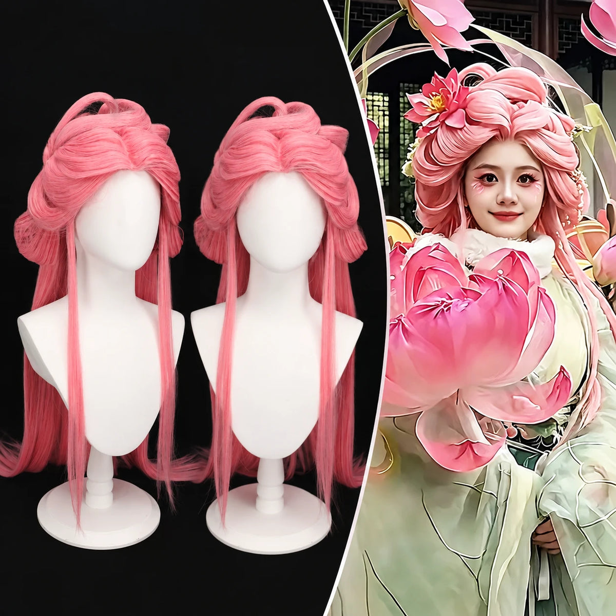 TF-009 pink long hair wig with mannequin views and styling example