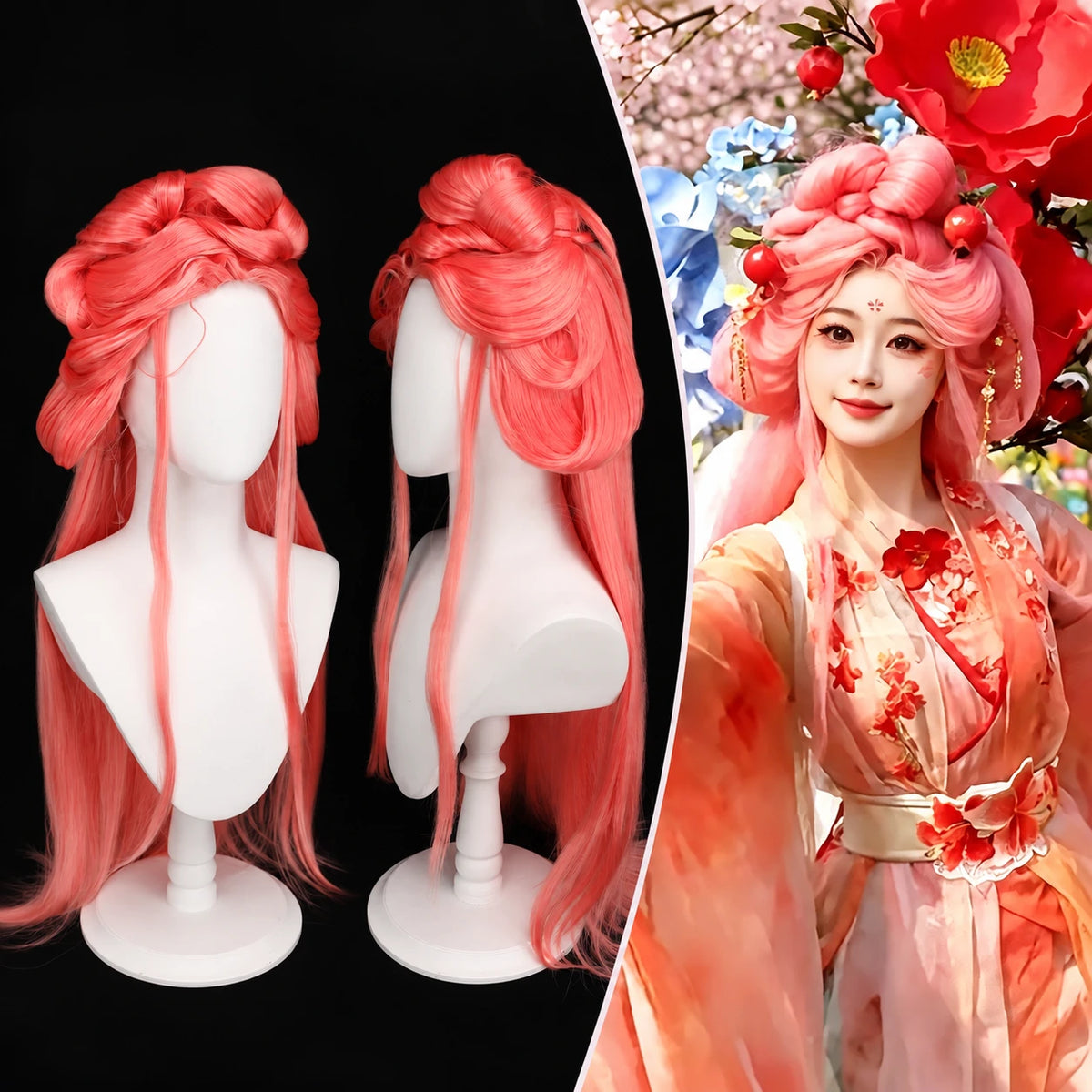 TF-010 red long hair wig with mannequin views and styling example