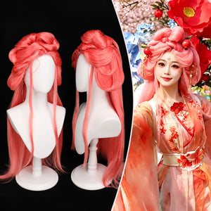 TF-010 red long hair wig with mannequin views and styling example