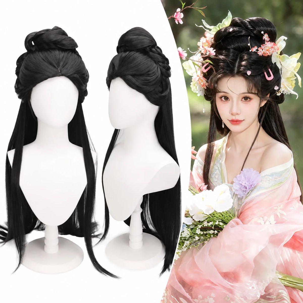 TF-011 black long half-up hair wig with mannequin views and styling example