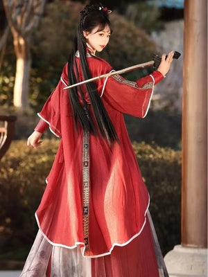 Red modern hanfu dress for women, blending traditional Song Dynasty elegance with contemporary style. Crafted from luxurious silk, this hanfu includes an optional matching coat or jacket, making it suitable for winter, casual outings, or formal occasions like graduations. Available at our online hanfu shop, offering a range of authentic hanfu for sale, this piece combines the beauty of classic Chinese clothing with modern fashion elements from top Chinese brands. Perfect for anyone looking for where to buy 