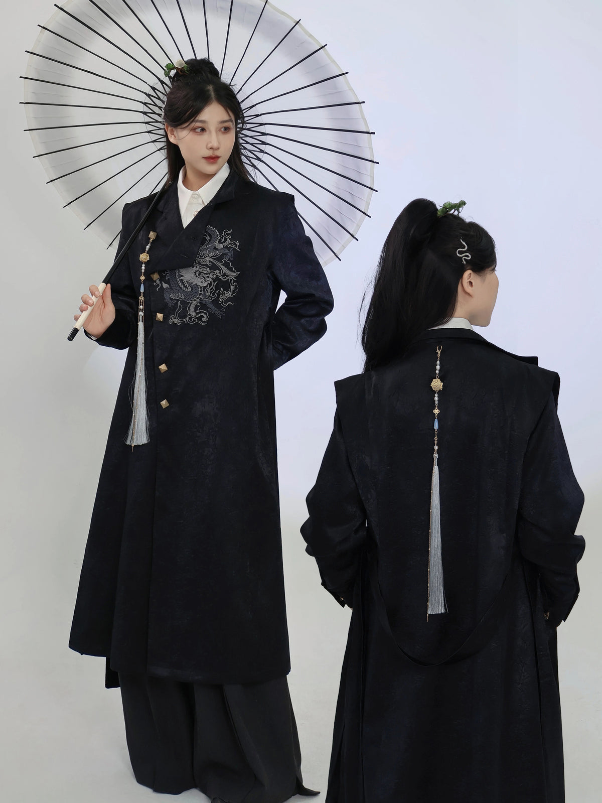 Front and back views of the black dragon embroidery long coat with an asymmetric front and decorative tassel