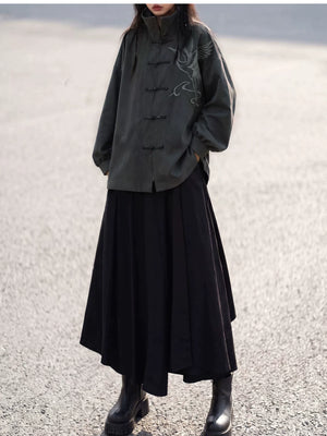 Front view of the charcoal jacket with relaxed sleeves