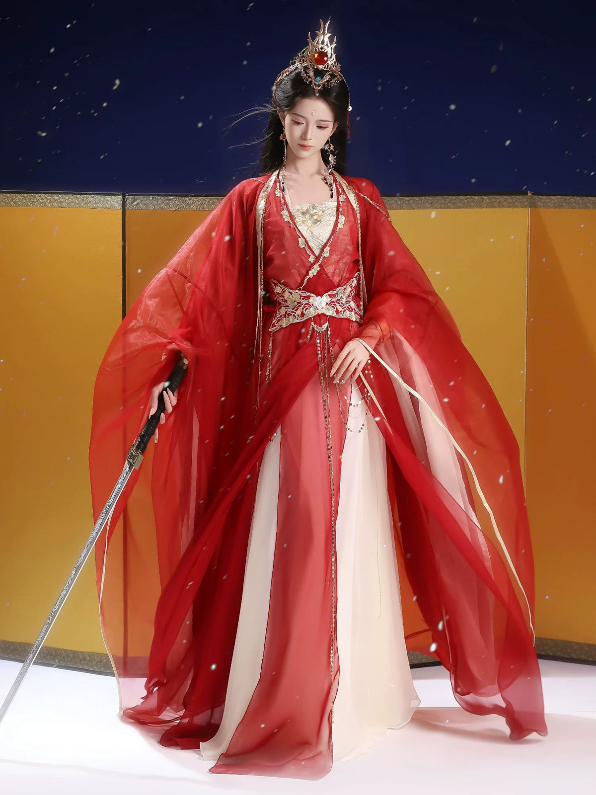 Front view of the layered red Hanfu set