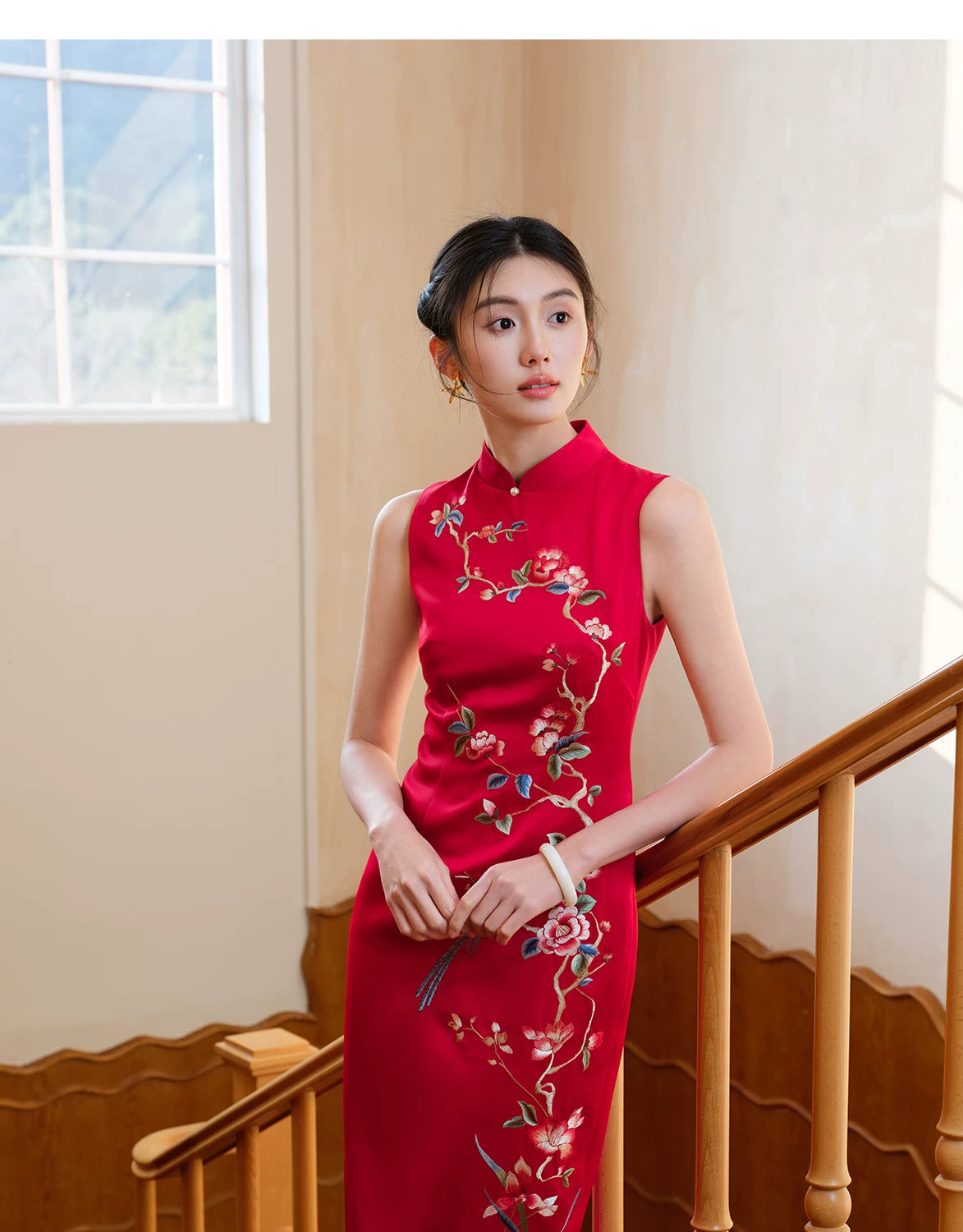 Front view of the red fitted cheongsam dress