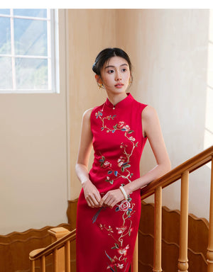 Front view of the red fitted cheongsam dress