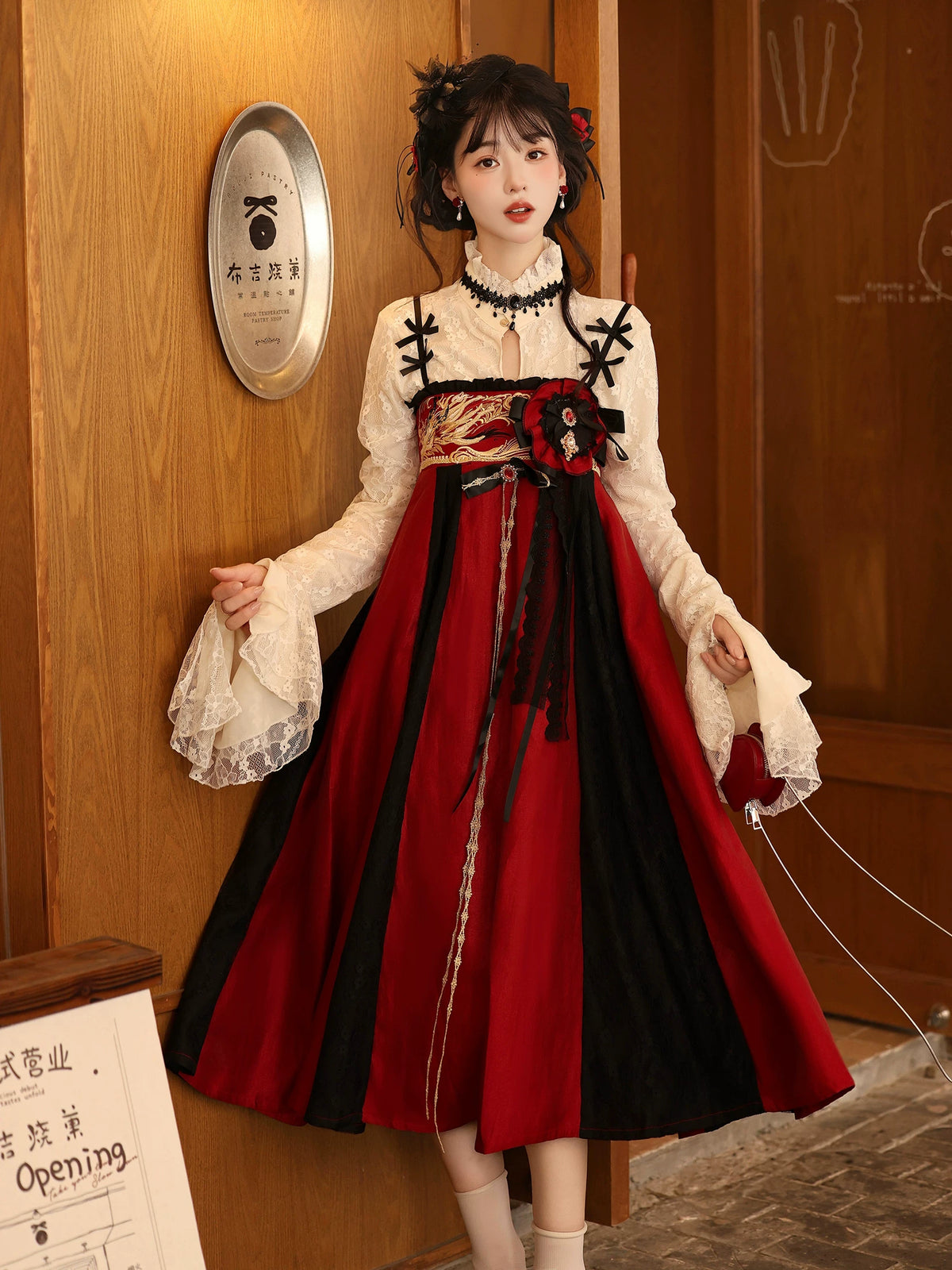 Front view of the two-piece blouse and chest-high skirt