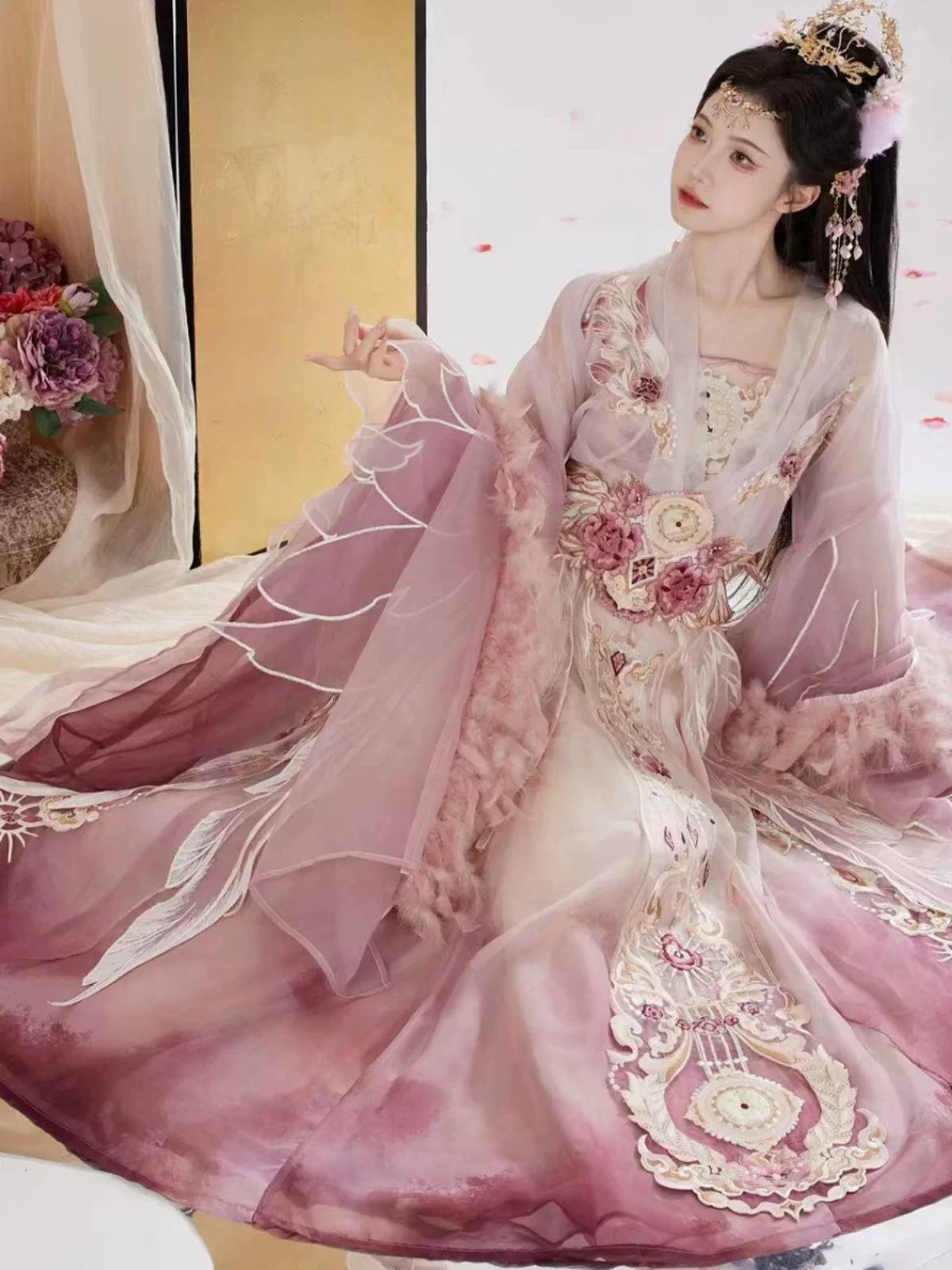 Fu Ling embroidered Wei Jin Hanfu dress set for women with flowing Southern and Northern Dynasties inspired skirt