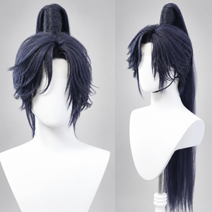 Fu Rong dark indigo ponytail wig, front and side views