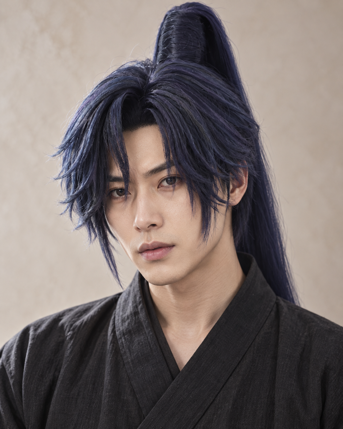 AI-generated styling preview of the fu rong wig worn by a model, studio portrait.