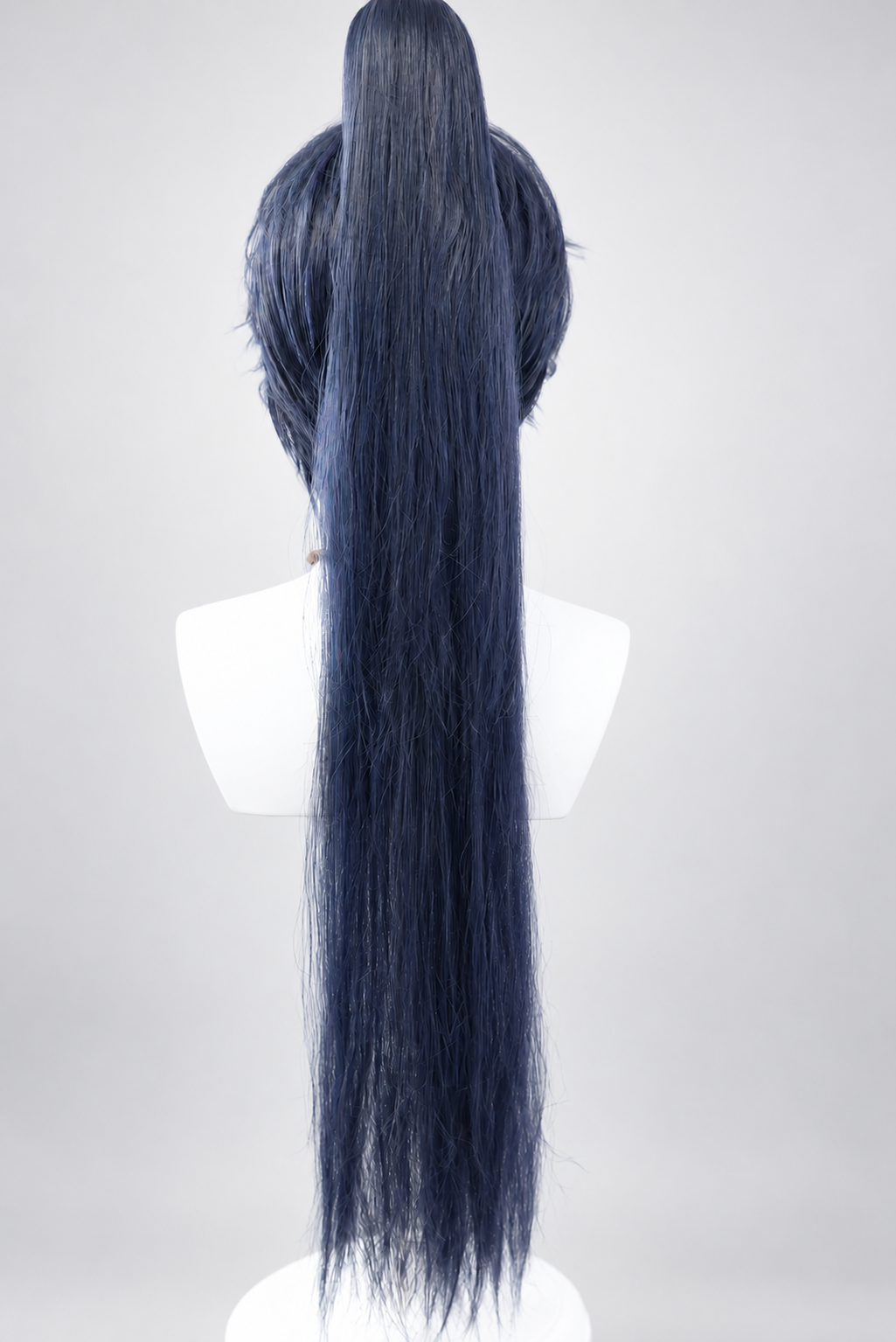 Fu Rong dark indigo long ponytail wig, back view