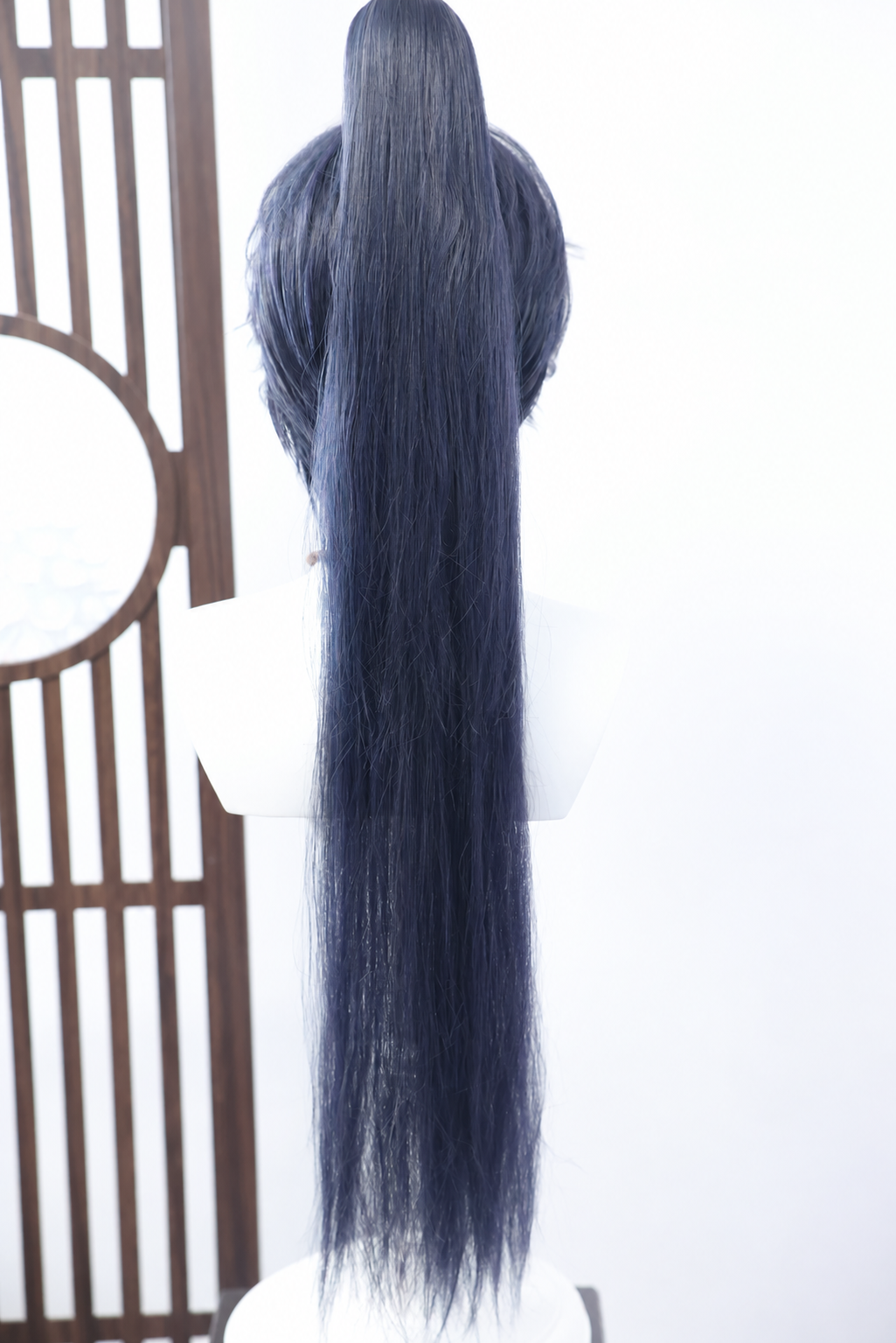 Fu Rong dark indigo long ponytail wig, back view
