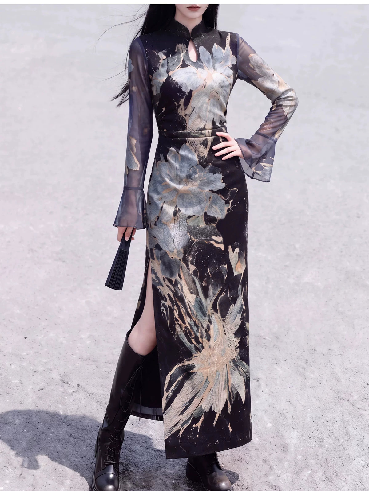 Full-length black floral cheongsam with teardrop neckline