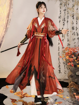Full-length dark red Nanke wuxia Hanfu costume with gold-tone waist detail and black wrist guards