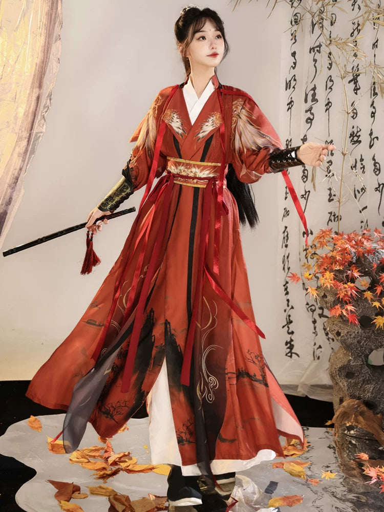 Full-length dark red Nanke wuxia Hanfu costume with gold-tone waist detail and black wrist guards