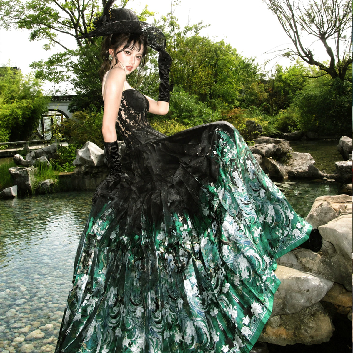 Full-length green mamian skirt in motion