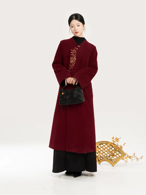 Full-length red modern Hanfu coat outfit with a black stand-collar sweater and long black skirt