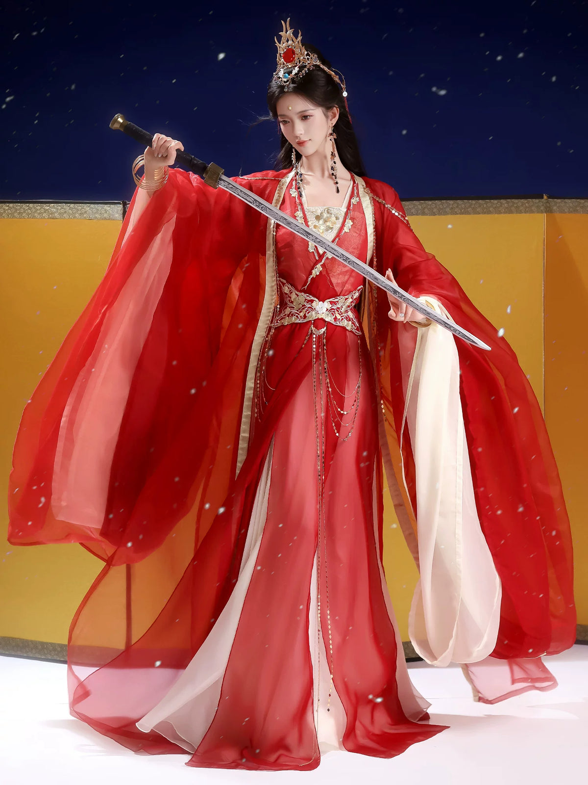 Full-length red wuxia-inspired Hanfu styling