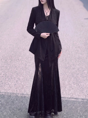 Full-length styling view of the black bamboo wrap jacket