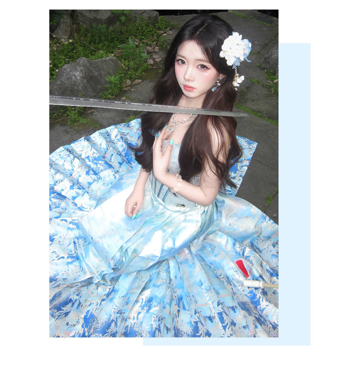 Full-length view of the blue fish mamian skirt