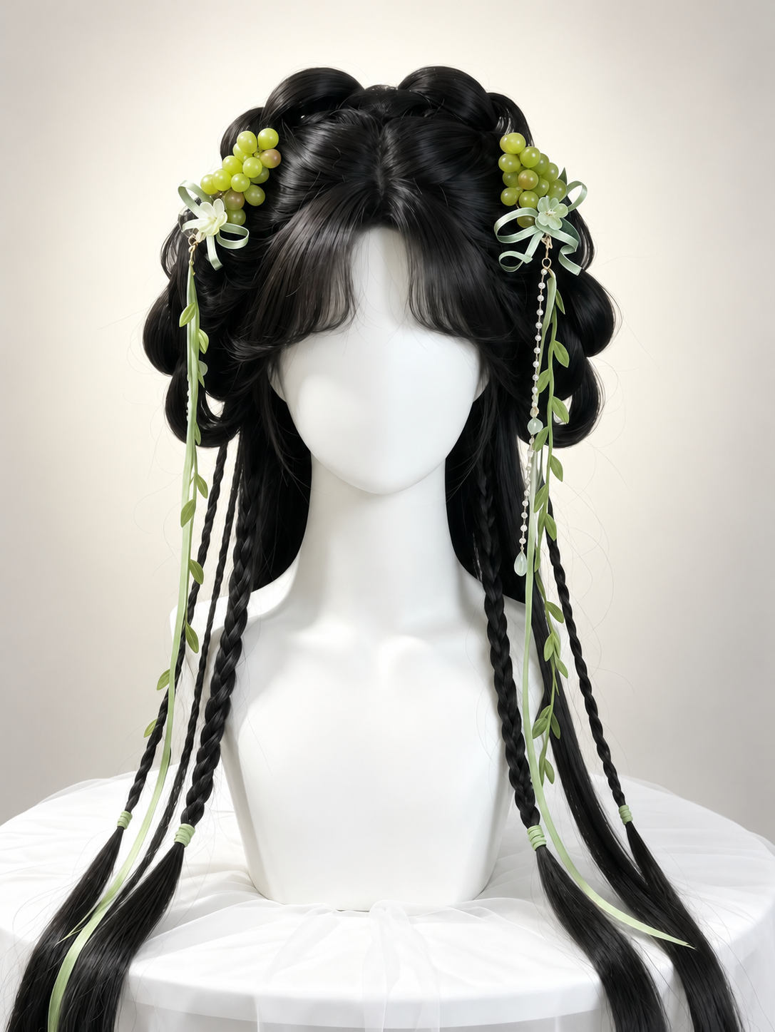 Pair of green grape hair clips with pale green ribbon streamers