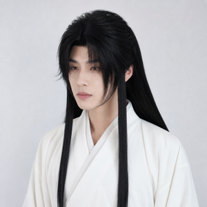 Chinese male model wearing black ancient Hanfu cosplay wig with hand-crocheted hairline side bangs and long side strands