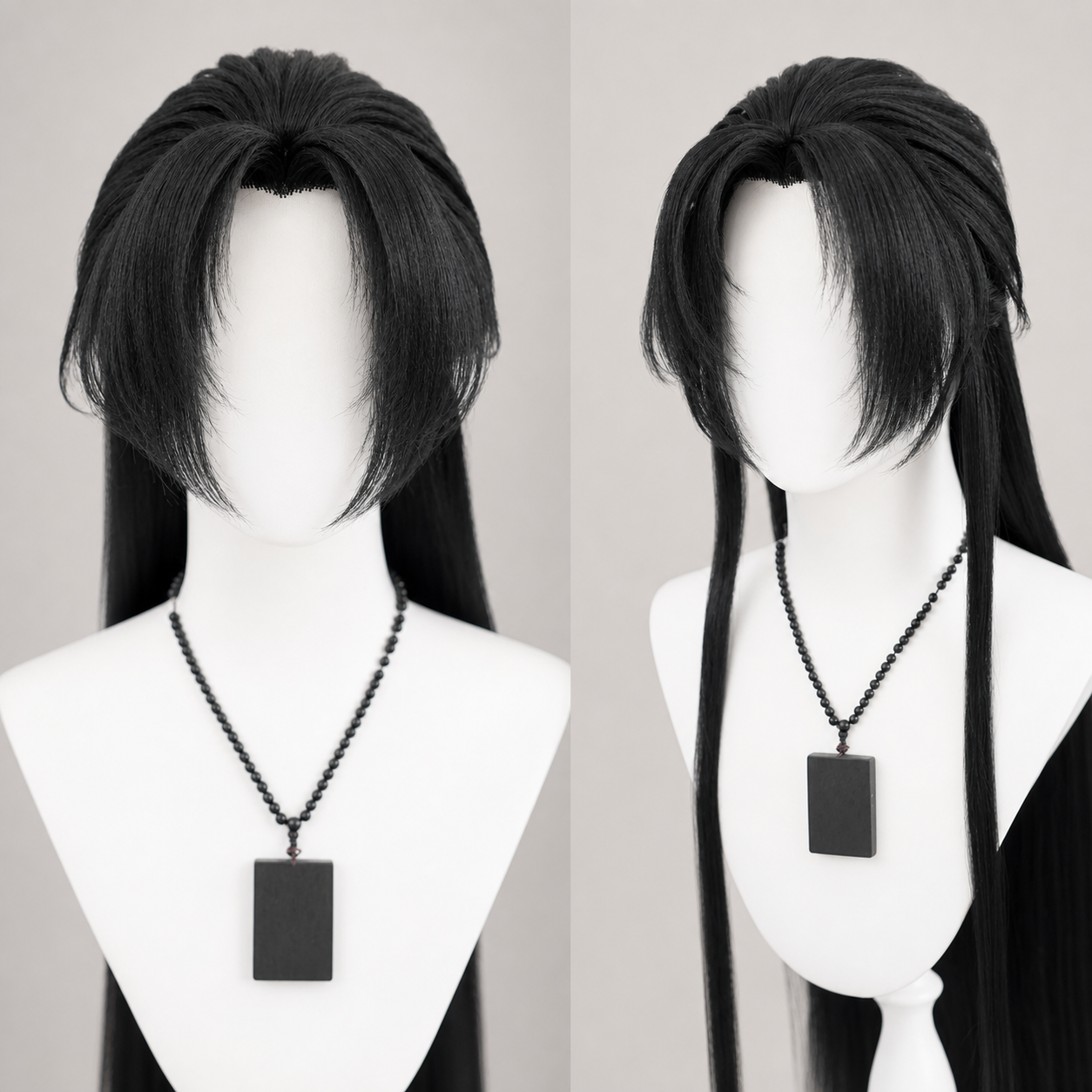 Clean studio product image of black middle-bangs ancient Hanfu cosplay wig with fluffy top and long back hair