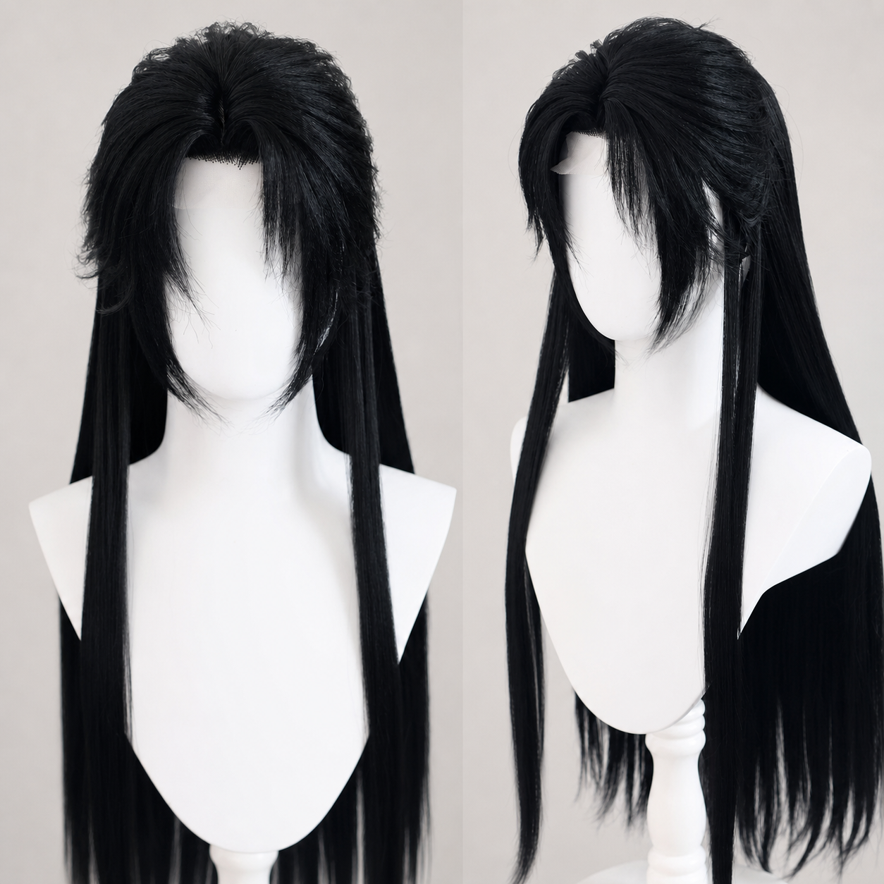 Clean studio product image of black side-part ancient Hanfu cosplay wig with hand-crocheted hairline and long back hair