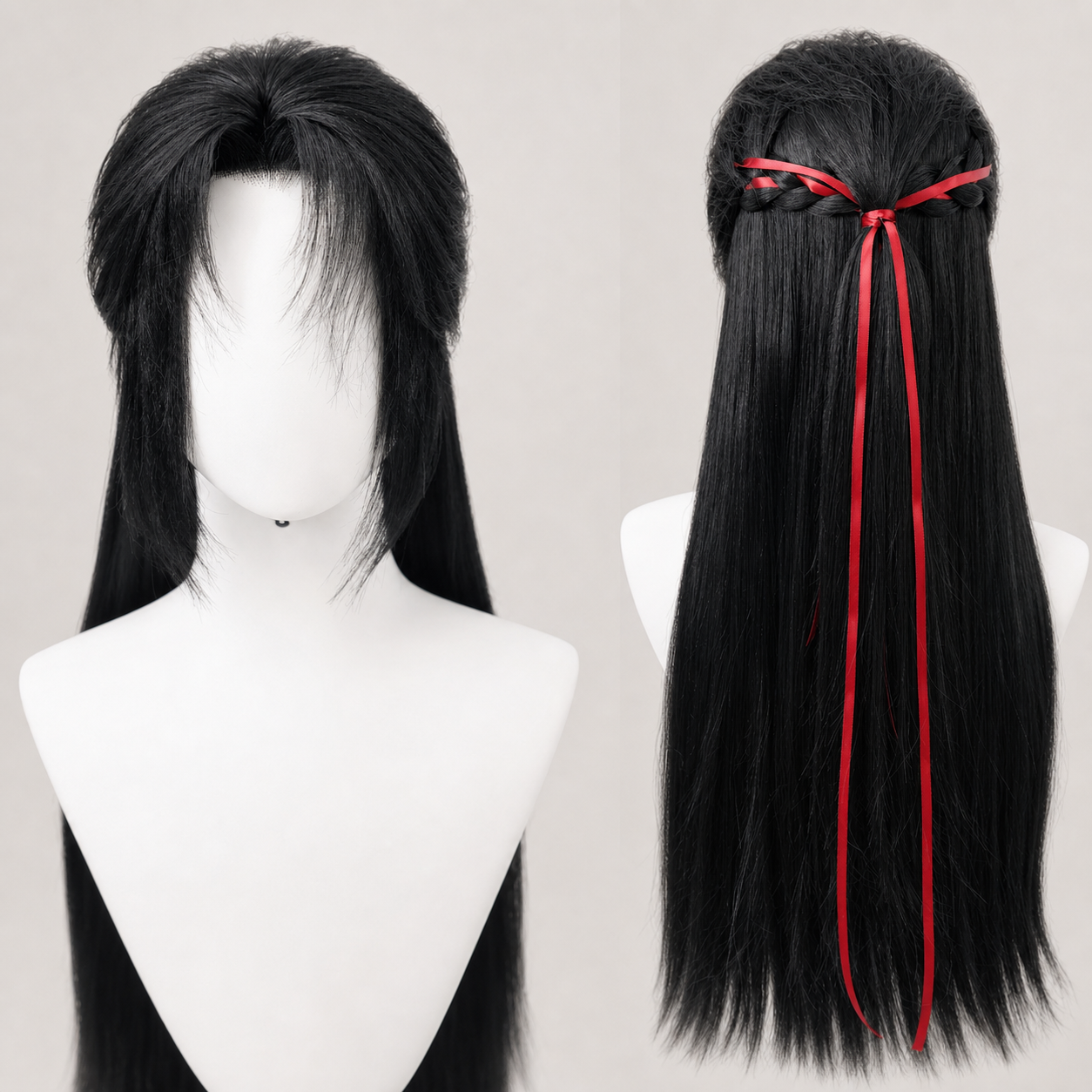 Clean studio product image of black Hanfu cosplay wig with long back hair braided detail and red ribbon back view